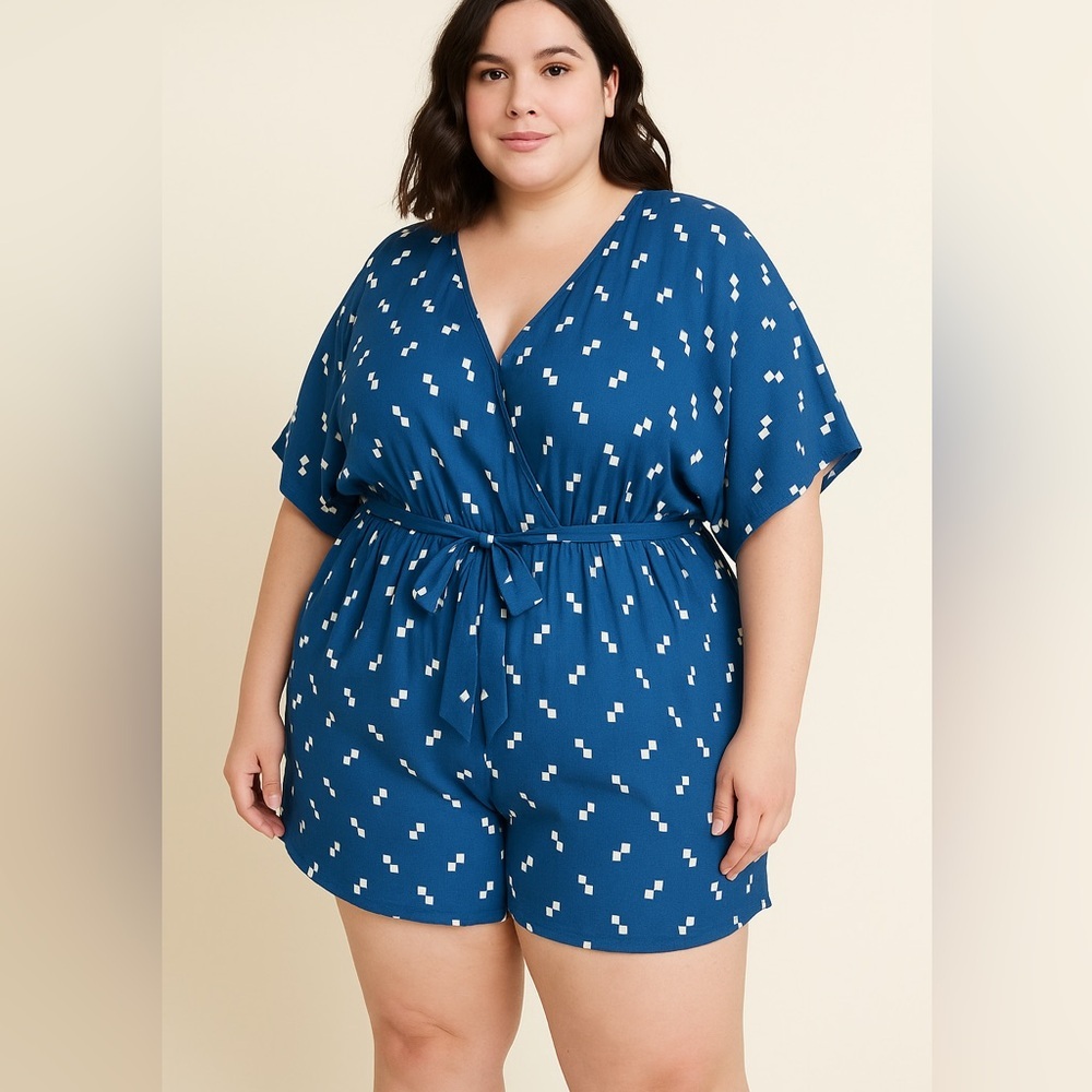Eloquii blue romper white geometric print, women plus size 24
